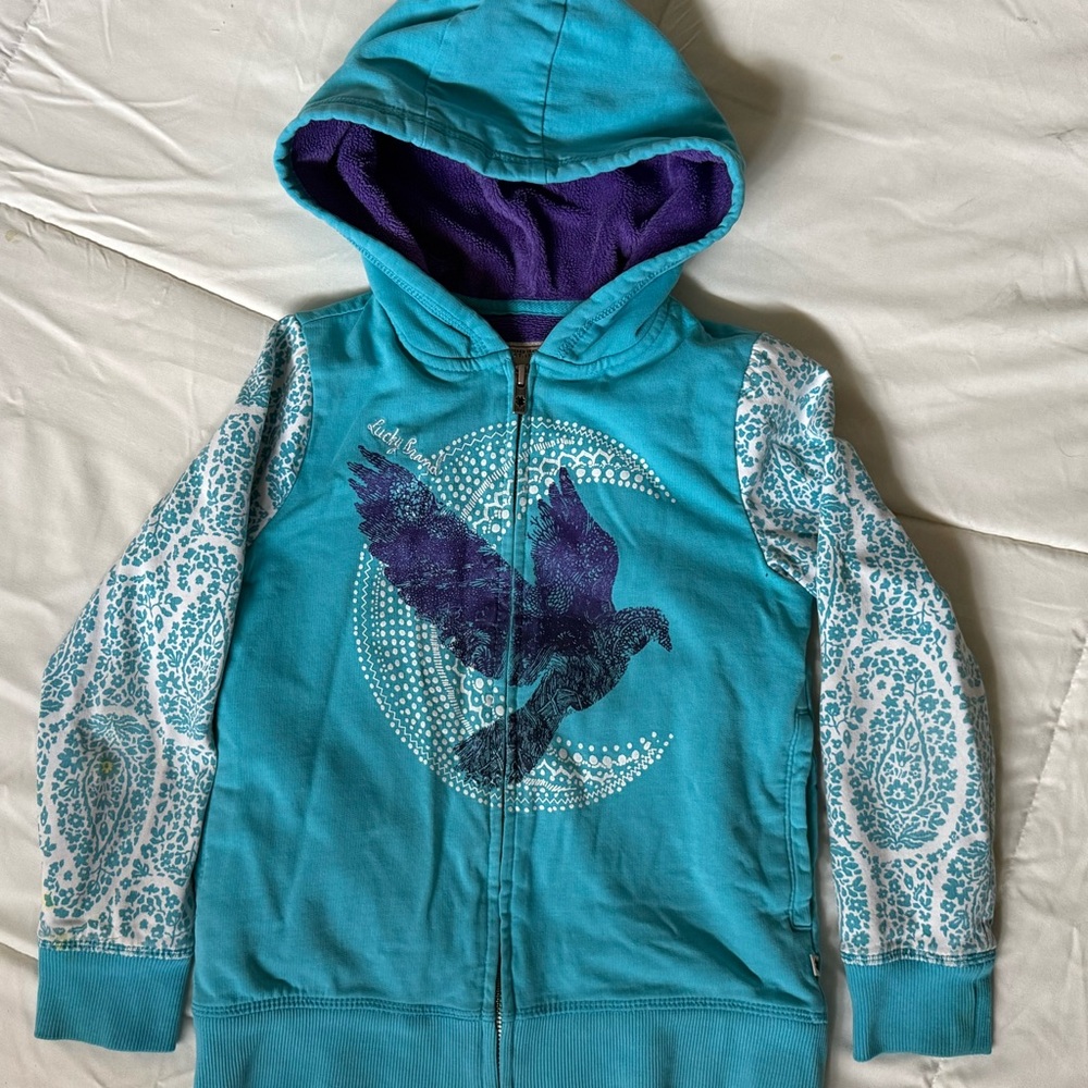 Lucky Brand Girls Zip Hoodie S 7/8 Teal Purple Fleece Lined Eagle Graphic